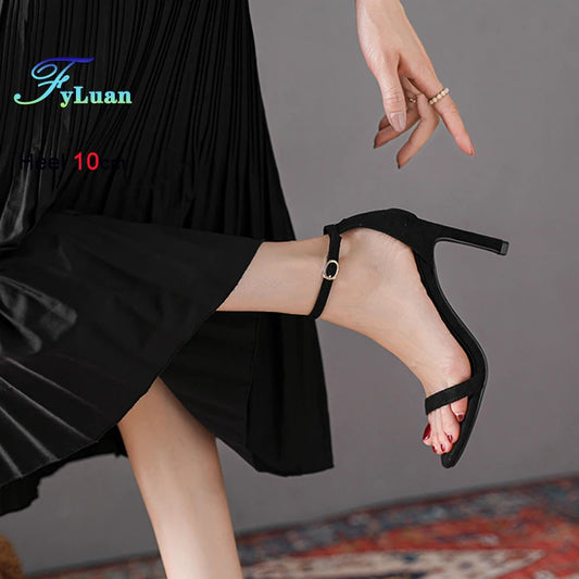 2025 Summer New 6cm High Heels Women's Sandals Solid Color One Word Buckle Ladies Slingback 10cm Super High Heels Dress Sandals
