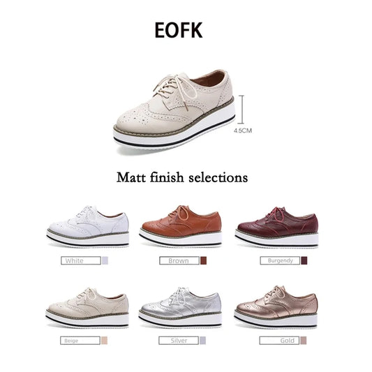 EOFK Spring Autumn Women Oxford Flats Genuine Leather Wingtips Lace Up Comfort Lady Brogue Derby Patent Platform Casual Shoes